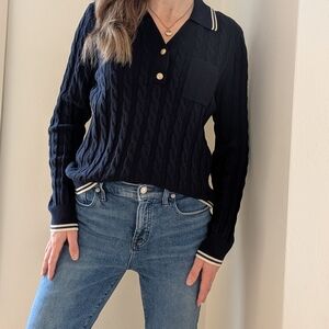 Vintage Striped Trim Cable-Knit Polo Collared Sweater In Navy/White